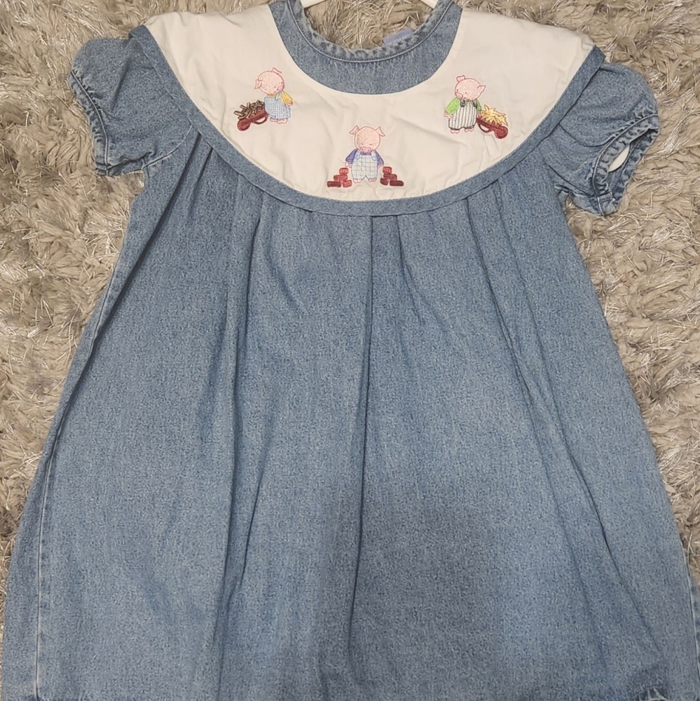 Denim Storybook Dress with three little pigs and rapunzel collars